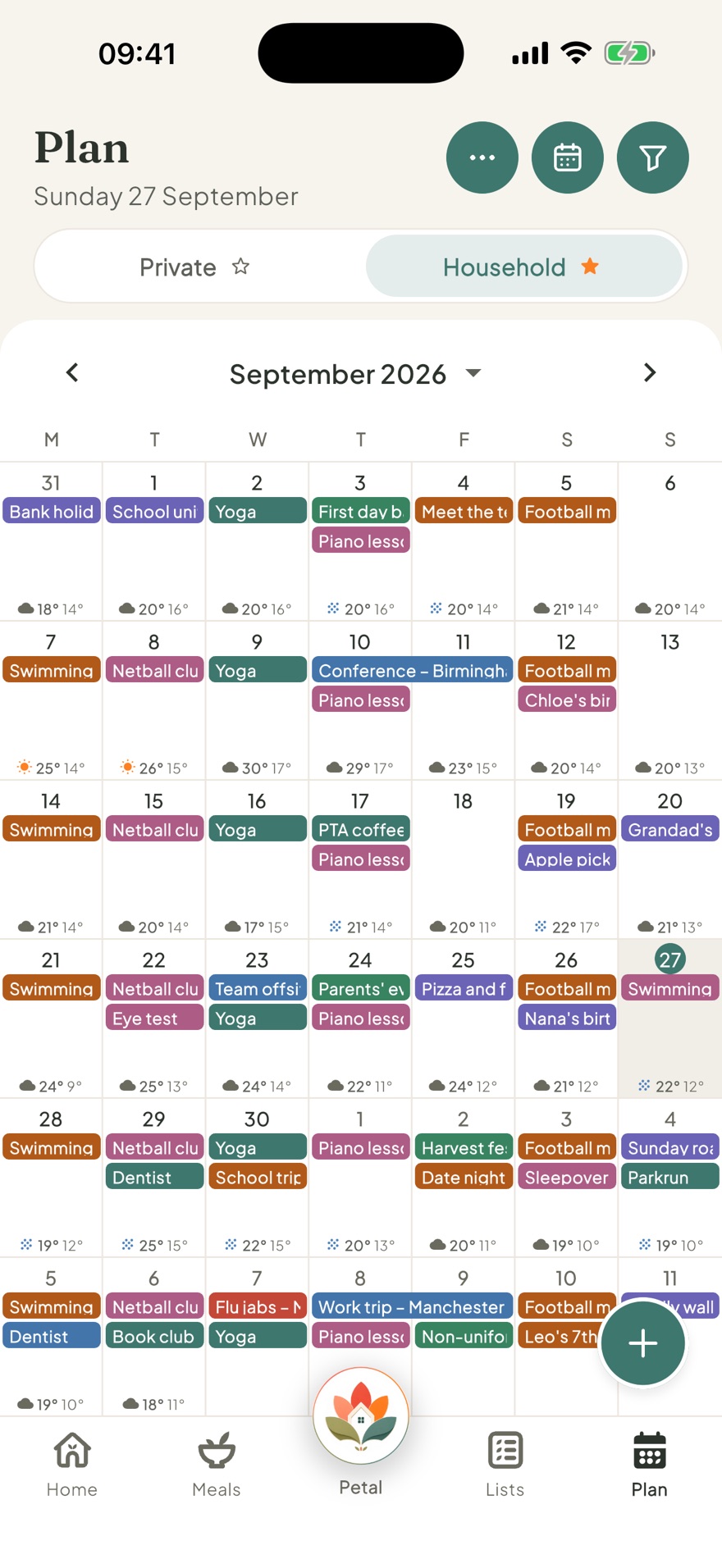 Petal Home calendar month view