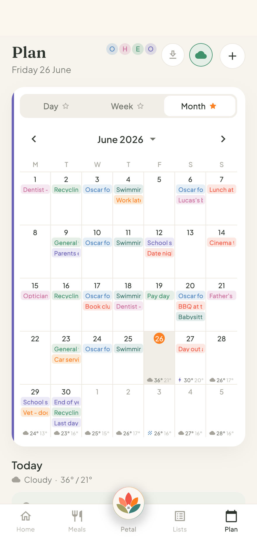 Petal Home calendar month view
