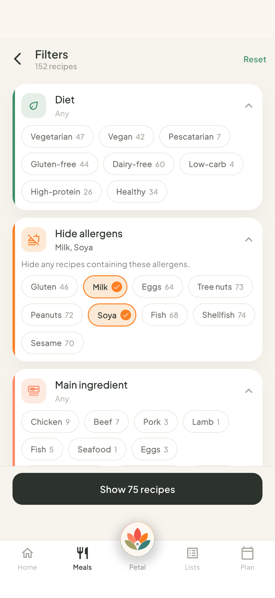 Petal Home recipe list with filters