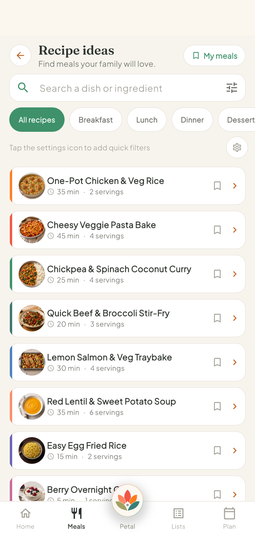 Petal Home recipe ideas screen