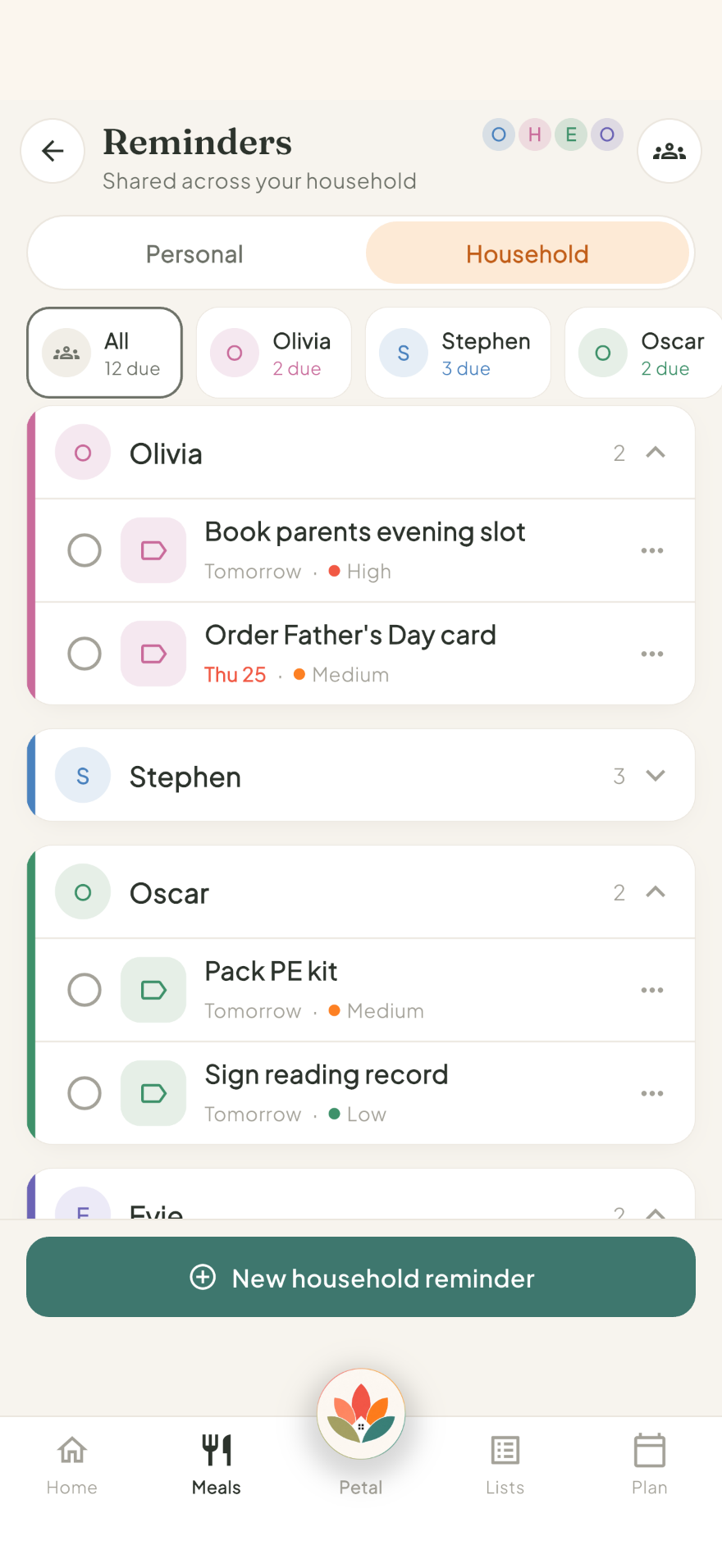 Petal Home household reminders screen