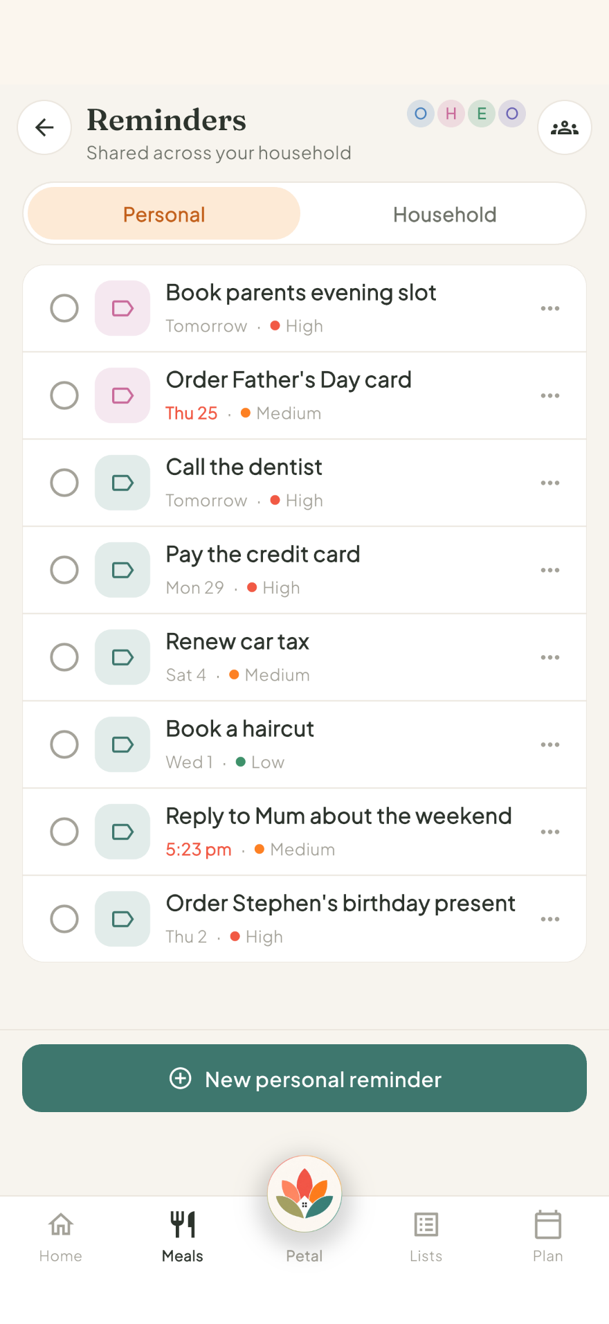 Petal Home personal reminders screen